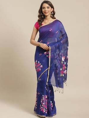 Navy Blue & Pink Bengal Handloom Embroidered Saree 1