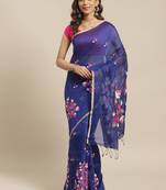 Navy Blue & Pink Bengal Handloom Embroidered Saree