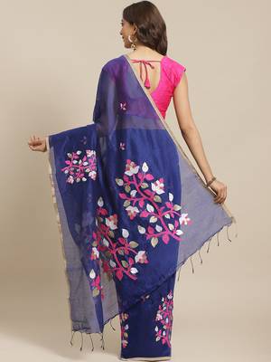 Navy Blue & Pink Bengal Handloom Embroidered Saree 2