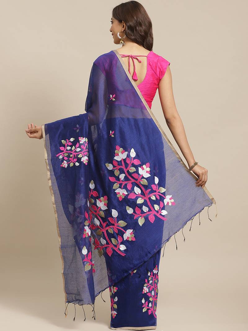 Navy Blue & Pink Bengal Handloom Embroidered Saree