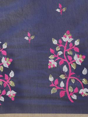 Navy Blue & Pink Bengal Handloom Embroidered Saree 3