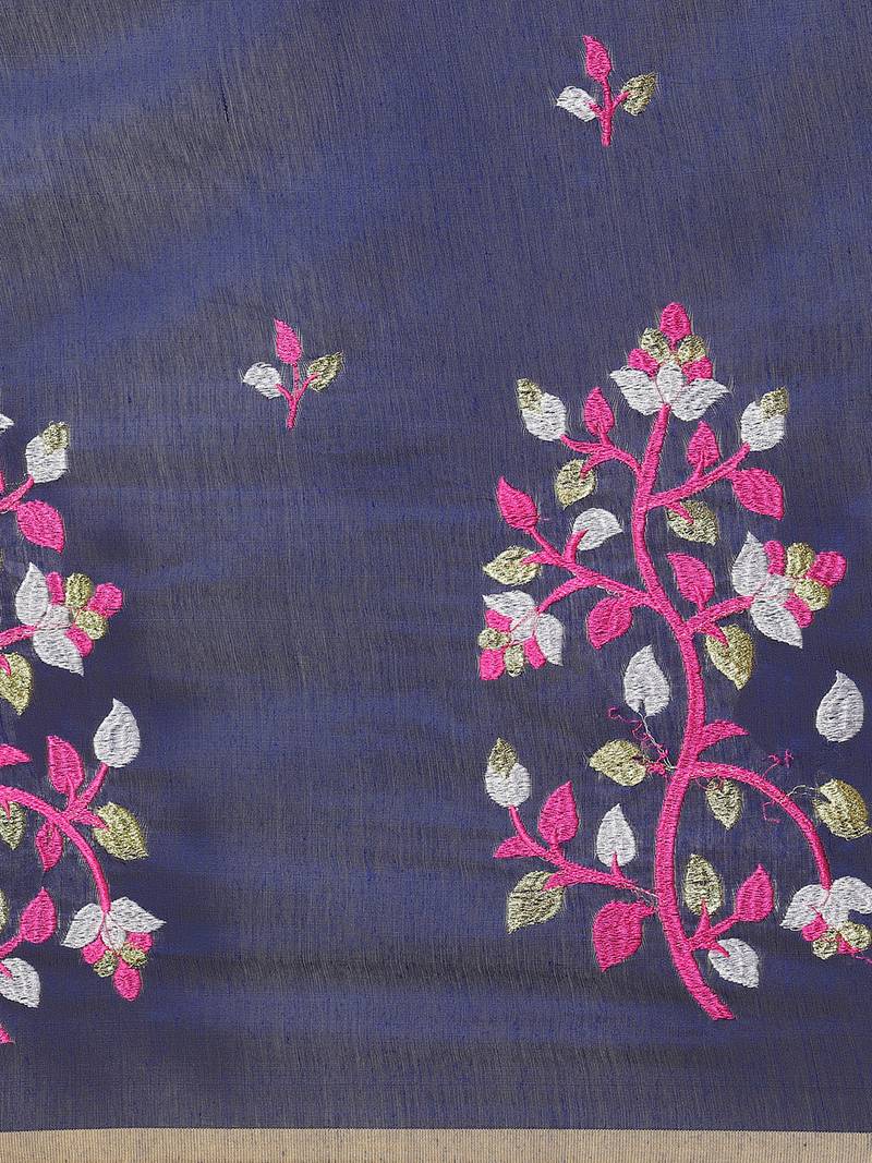 Navy Blue & Pink Bengal Handloom Embroidered Saree