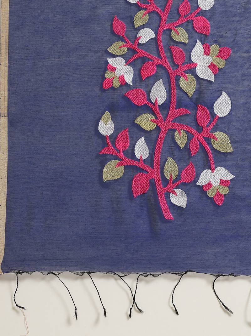 Navy Blue & Pink Bengal Handloom Embroidered Saree
