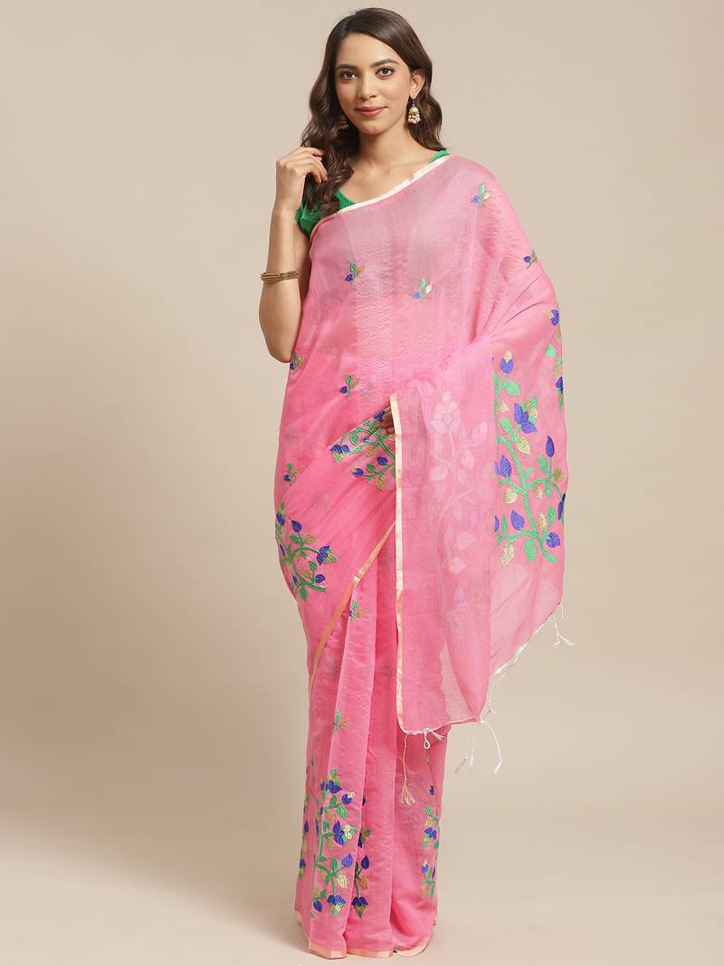 Pink & Green Bengal Handloom Embroidered Saree