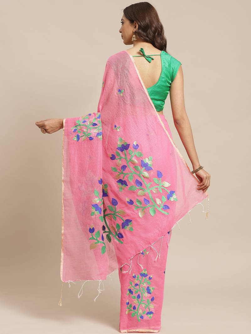 Pink & Green Bengal Handloom Embroidered Saree