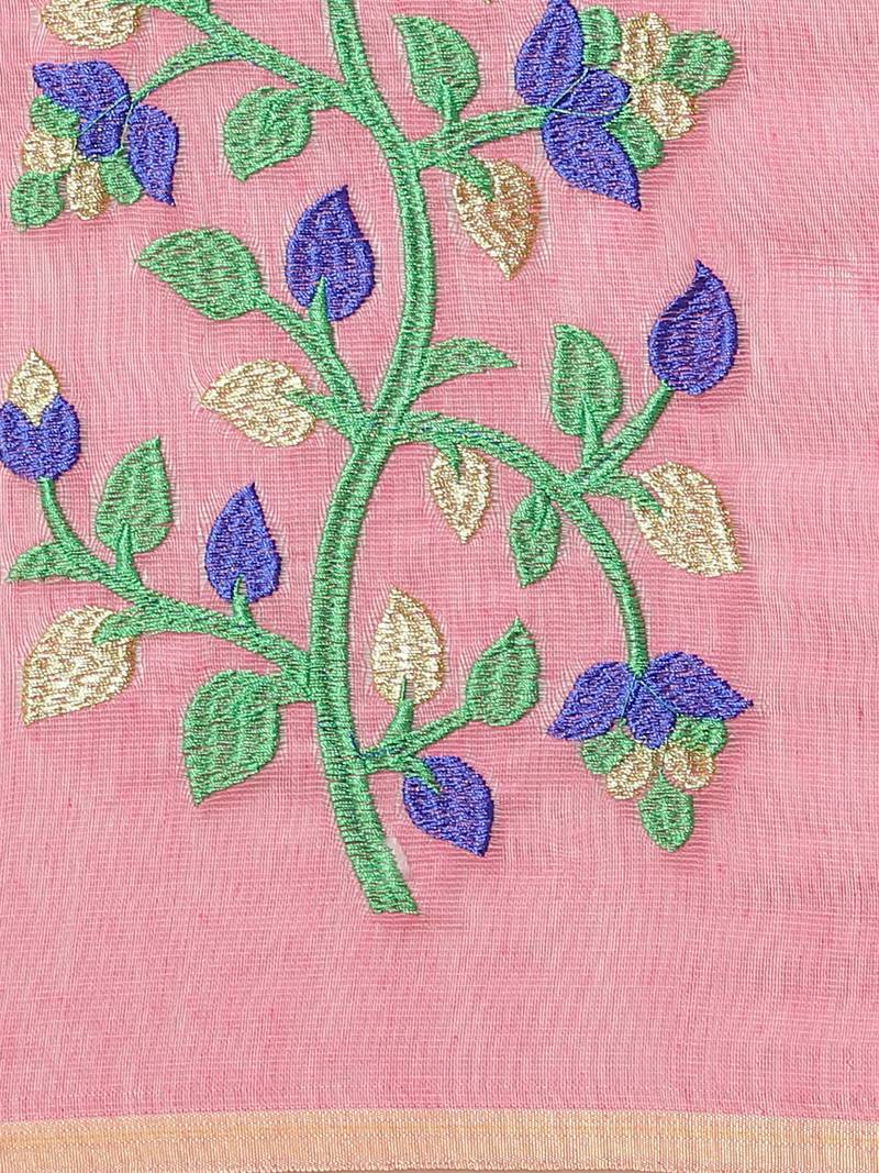 Pink & Green Bengal Handloom Embroidered Saree