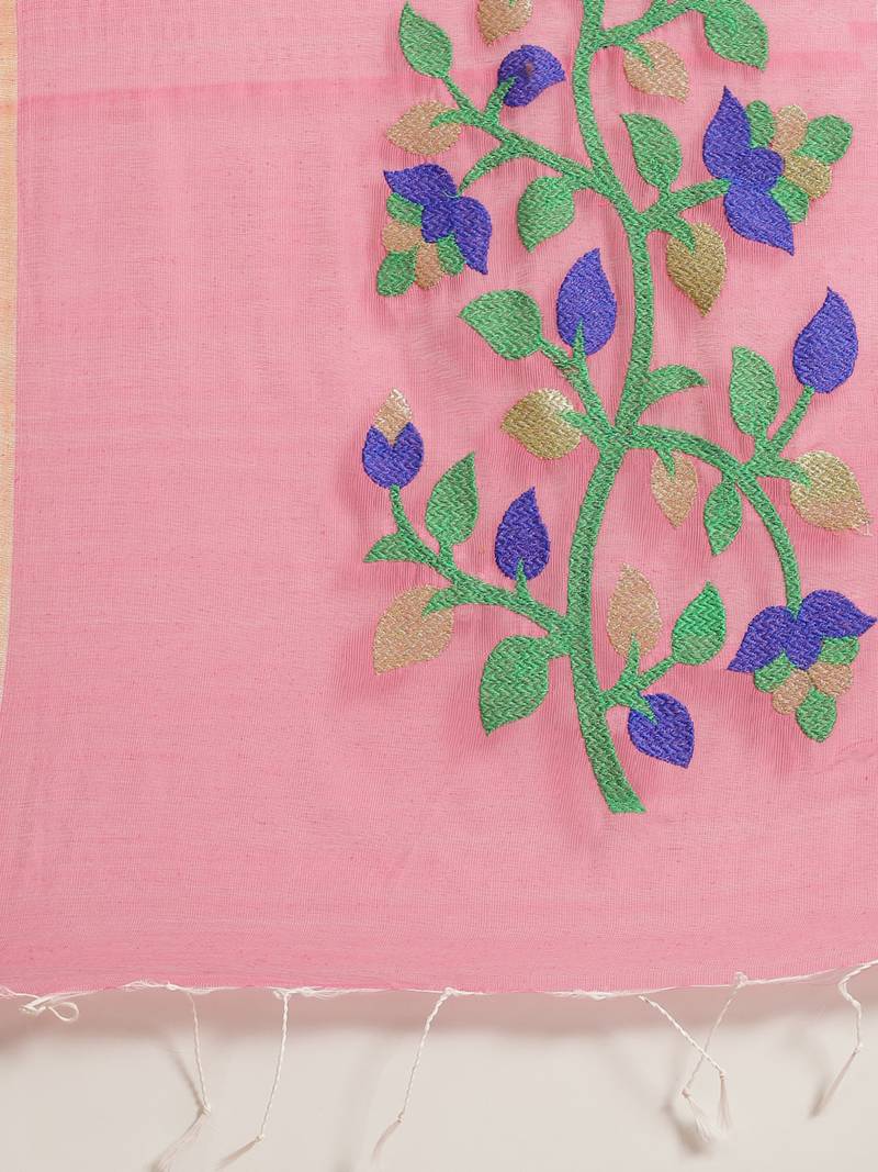 Pink & Green Bengal Handloom Embroidered Saree