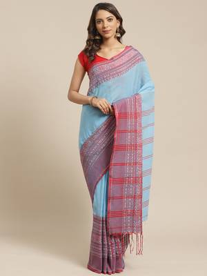 Blue & Red Solid Handloom Saree 1