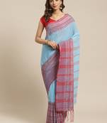 Blue & Red Solid Handloom Saree