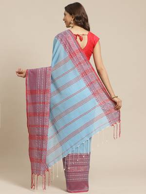 Blue & Red Solid Handloom Saree 2