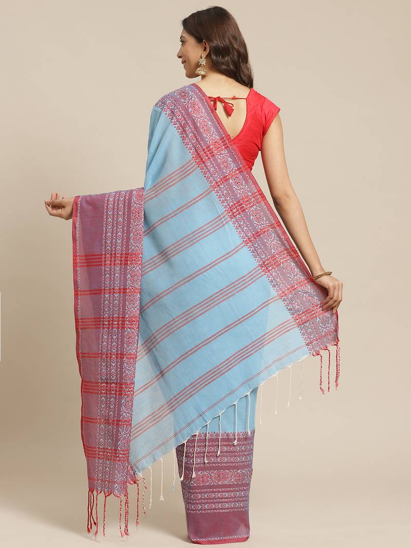 Blue & Red Solid Handloom Saree