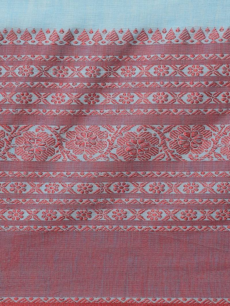 Blue & Red Solid Handloom Saree