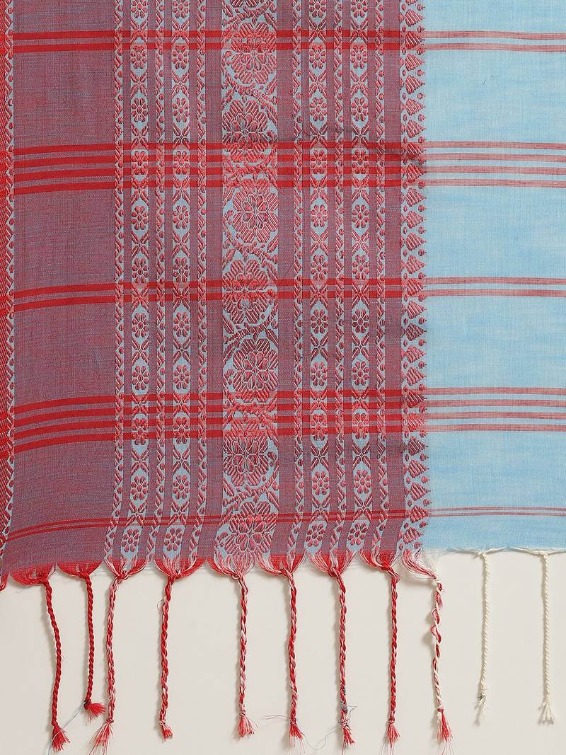 Blue & Red Solid Handloom Saree