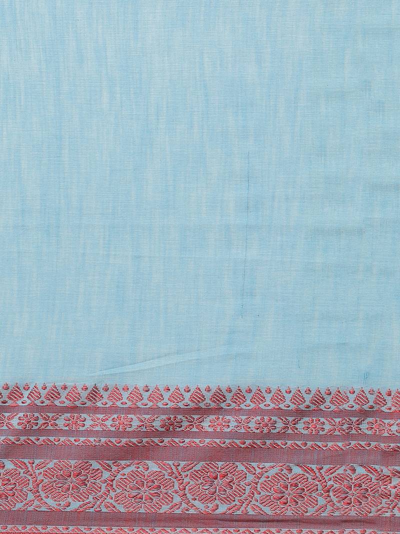 Blue & Red Solid Handloom Saree