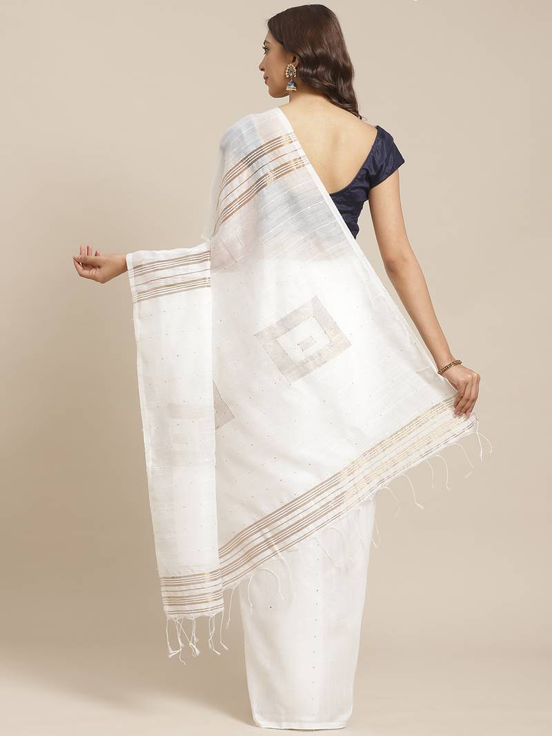 White & Golden Pure Cotton Sequinned Embellished Handloom Saree