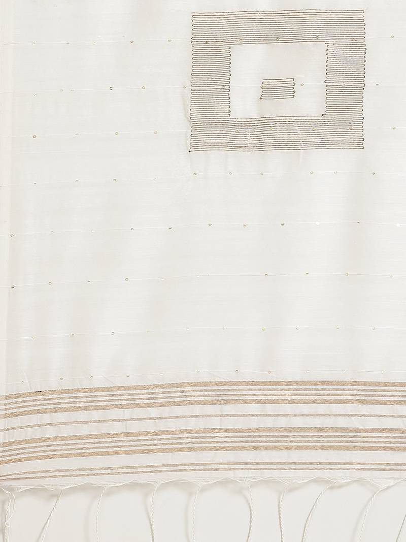 White & Golden Pure Cotton Sequinned Embellished Handloom Saree