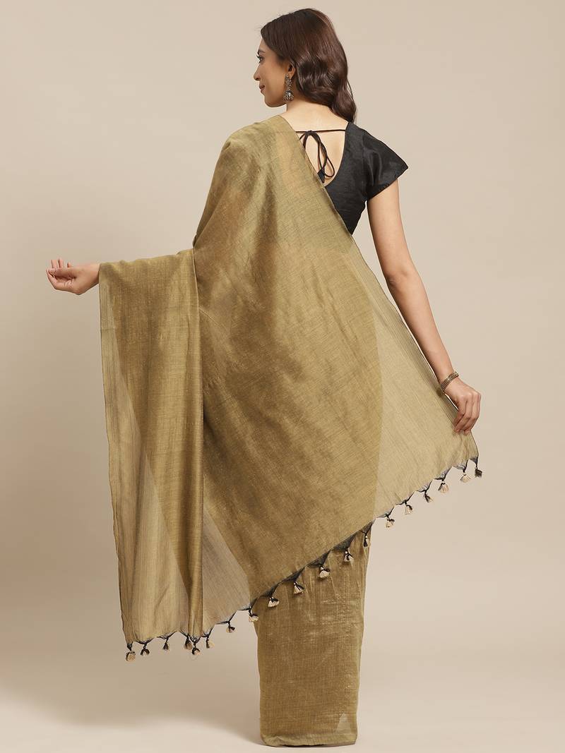 Olive Green Solid Handloom Saree