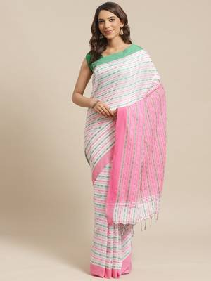 White & Pink Pure Cotton Ethnic Motifs Woven Design Bengal Handloom Saree 1