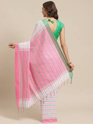 White & Pink Pure Cotton Ethnic Motifs Woven Design Bengal Handloom Saree 2