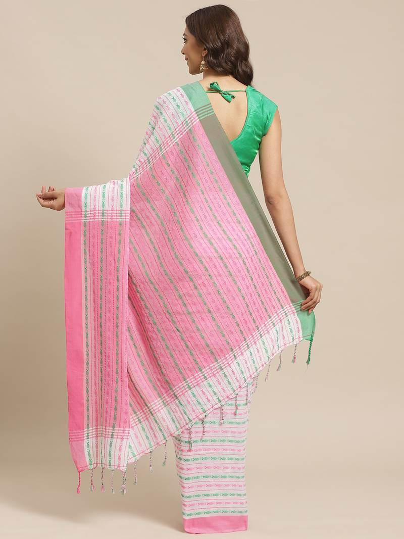 White & Pink Pure Cotton Ethnic Motifs Woven Design Bengal Handloom Saree