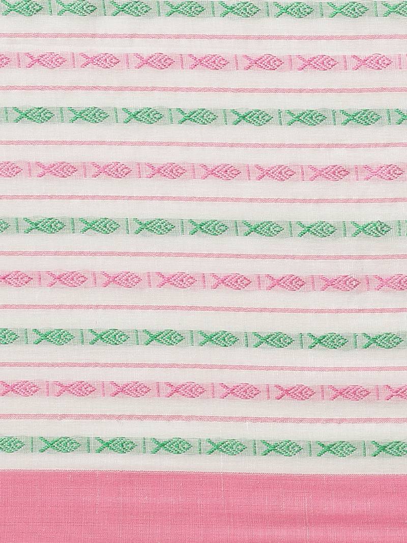 White & Pink Pure Cotton Ethnic Motifs Woven Design Bengal Handloom Saree