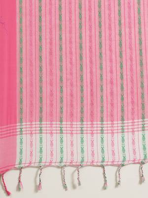 White & Pink Pure Cotton Ethnic Motifs Woven Design Bengal Handloom Saree 4