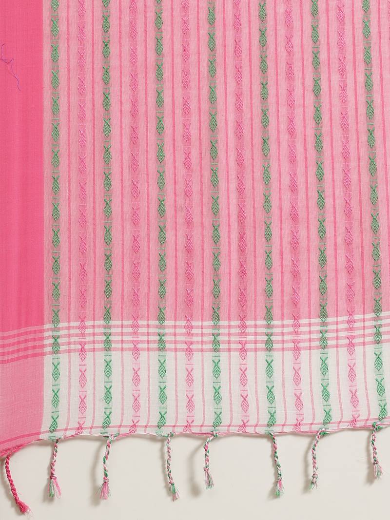 White & Pink Pure Cotton Ethnic Motifs Woven Design Bengal Handloom Saree