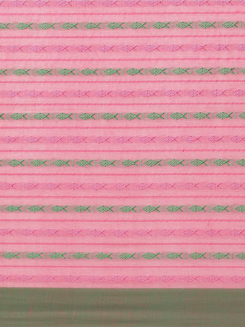 White & Pink Pure Cotton Ethnic Motifs Woven Design Bengal Handloom Saree