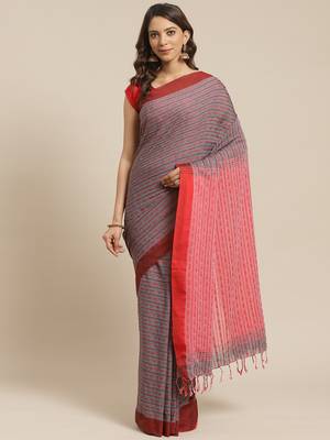 Charcoal Grey & Red Woven Design Bengal Handloom Saree 1