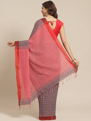 Charcoal Grey & Red Woven Design Bengal Handloom Saree 2