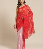 Red & Pink Woven Design Half & Half Handloom Jamdani Saree Without Blouse
