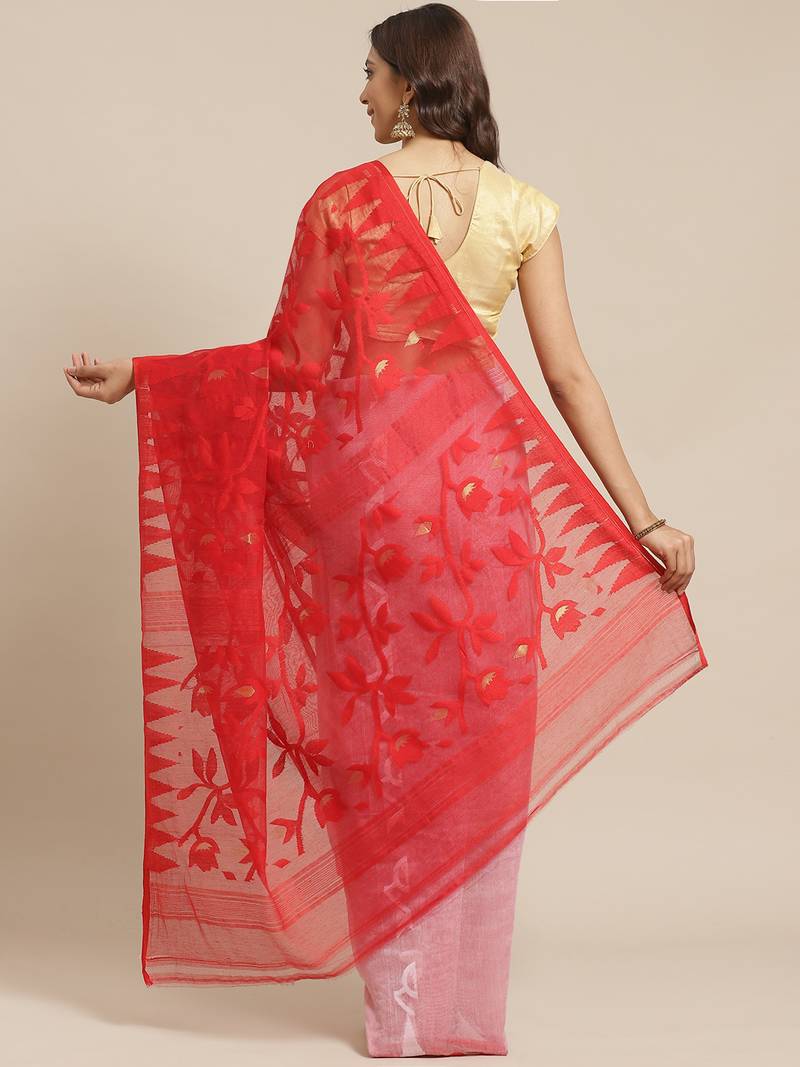 Red & Pink Woven Design Half & Half Handloom Jamdani Saree Without Blouse
