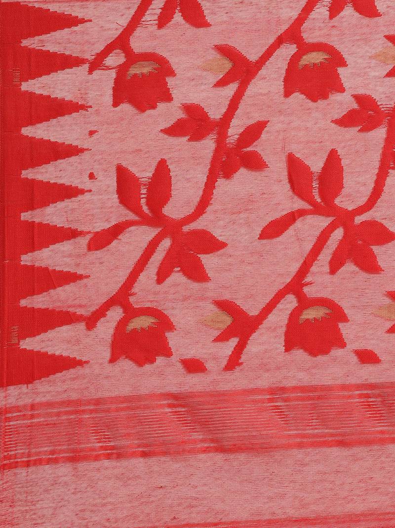 Red & Pink Woven Design Half & Half Handloom Jamdani Saree Without Blouse