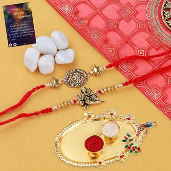 Rakhi Combo 1 Pooja Thali Kankawati 2 Rakhi  Kumkum Chawal  with Raksha Bandhan  Greeting Card 1