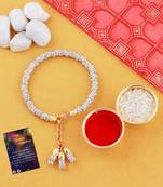 Designer Silver Bracelet Kada  Bhabhi Rakhi  With Roli  Chawal And Raksha Bandhan Greeting Card