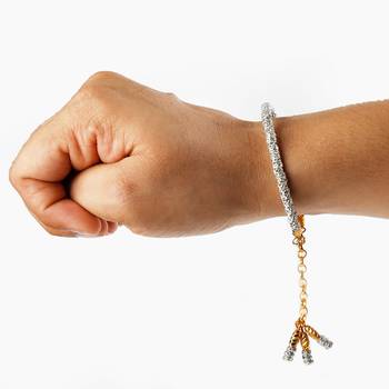 Designer Silver Bracelet Kada  Bhabhi Rakhi  With Roli  Chawal And Raksha Bandhan Greeting Card 4
