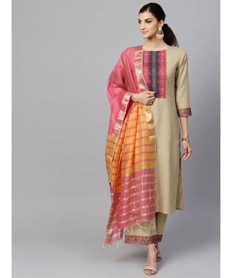 Indo Era Beige Solid Straight Kurta Sets 1