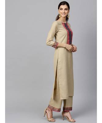 Indo Era Beige Solid Straight Kurta Sets 2