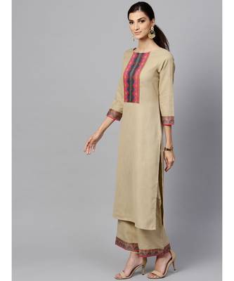 Indo Era Beige Solid Straight Kurta Sets 3