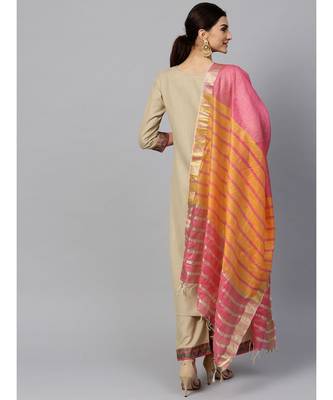 Indo Era Beige Solid Straight Kurta Sets 4
