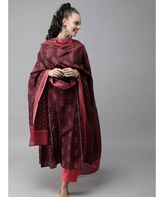 Indo Era Maroon Floral Printed A-Line Kurta with Palazzo Set 1