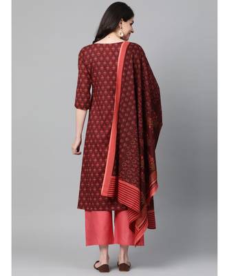 Indo Era Maroon Floral Printed A-Line Kurta with Palazzo Set 2