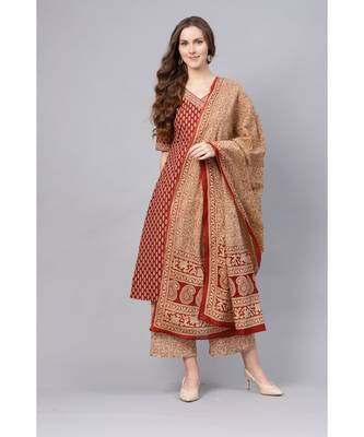 Indo Era Maroon Floral Printed Anghrakha Style A-Line Kurta with Palazzo Set with Dupatta 1