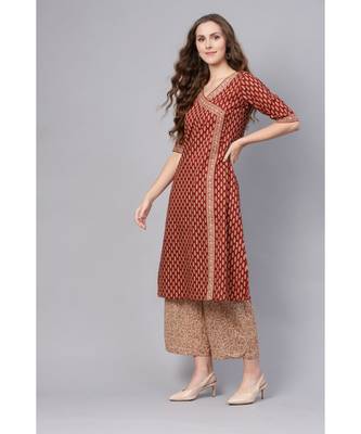 Indo Era Maroon Floral Printed Anghrakha Style A-Line Kurta with Palazzo Set with Dupatta 4