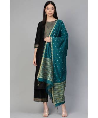Indo Era Black Solid Straight Kurta Palazzo with Dupatta Set 1