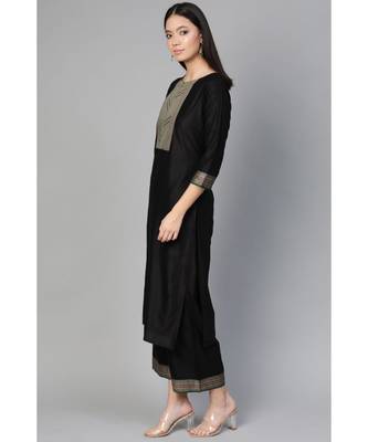 Indo Era Black Solid Straight Kurta Palazzo with Dupatta Set 2