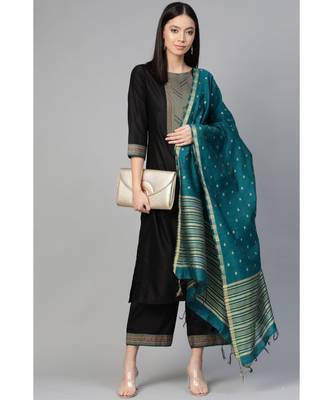 Indo Era Black Solid Straight Kurta Palazzo with Dupatta Set 3