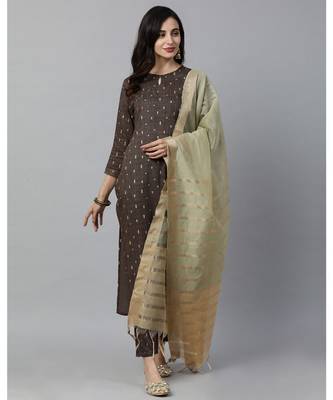 Indo Era Brown Solid Straight Kurta with Palazzo Sets 1