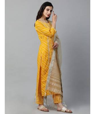 Indo Era Yellow Bandhani Printed Straight Kurta Pant with Dupatta Sets 2