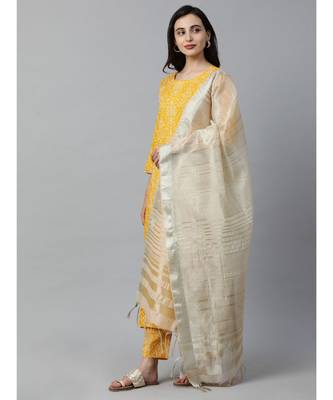 Indo Era Yellow Bandhani Printed Straight Kurta Pant with Dupatta Sets 3